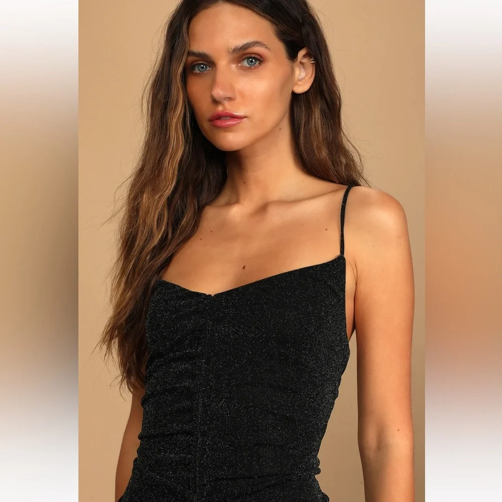 NWT Lulus Talk Of The Party Black Sparkly Ruched Bodycon Mini Dress - Size XS - Picture 4 of 10